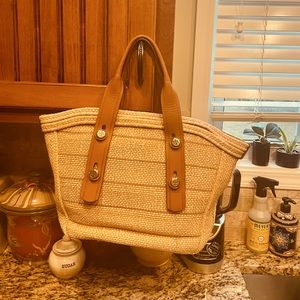 - Tory Burch nwot straw tote camel colored leather straps gold hardware